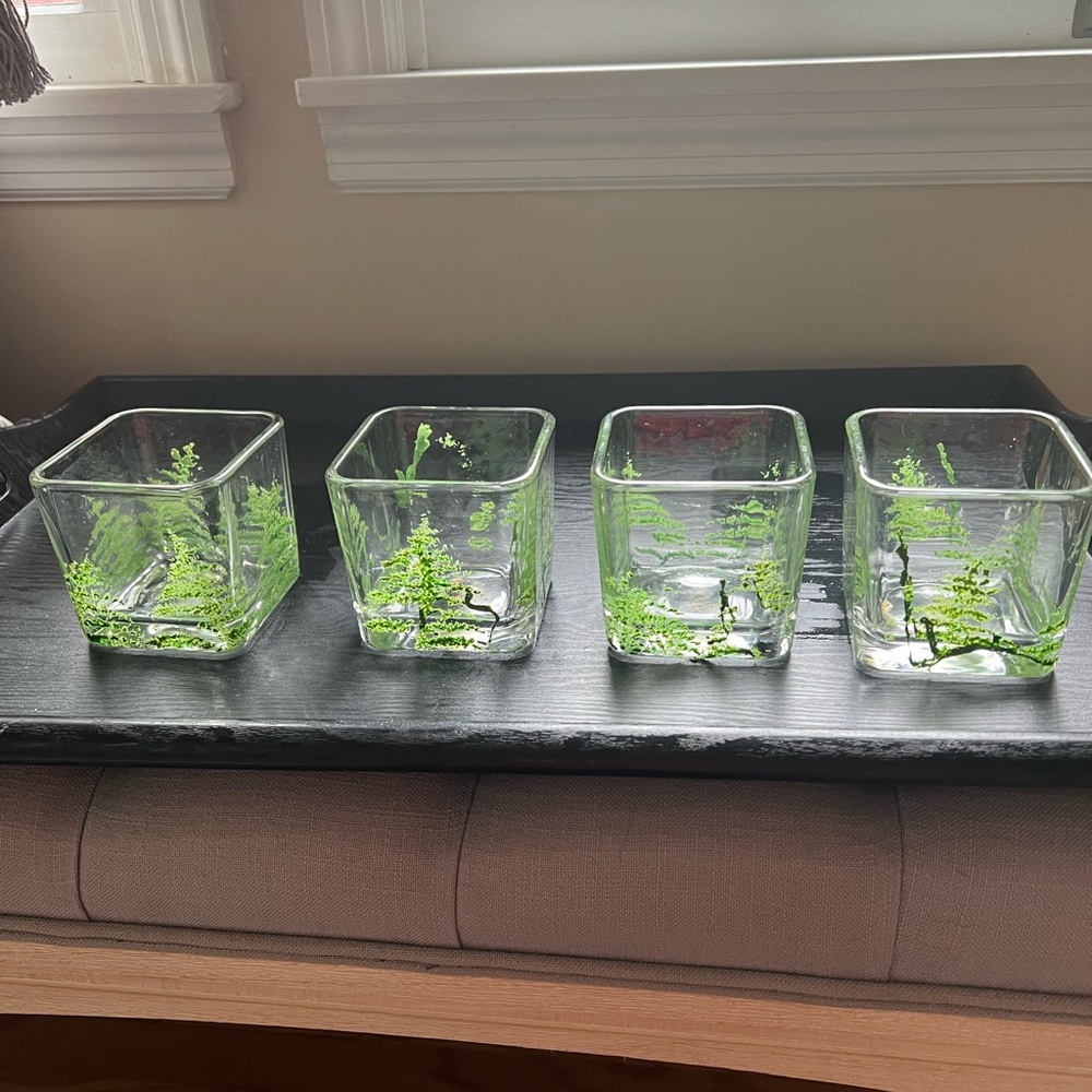 Set of Four Glass Vases with Green Fern Design
3.5x3.5”